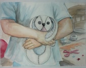 Boy and His Bunny original watercolor painting 9 by 12 inch