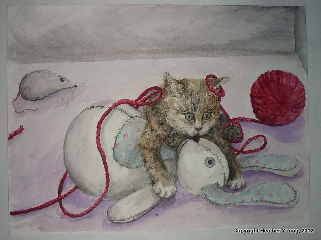 Bunny Cuddles original watercolor 9 by 12 inch