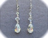 Aurora Borealis Crystal Earrings, Long Dangles Sparkling Swarovski Clear AB Crystals Sterling Silver Wedding Bridal Jewelry