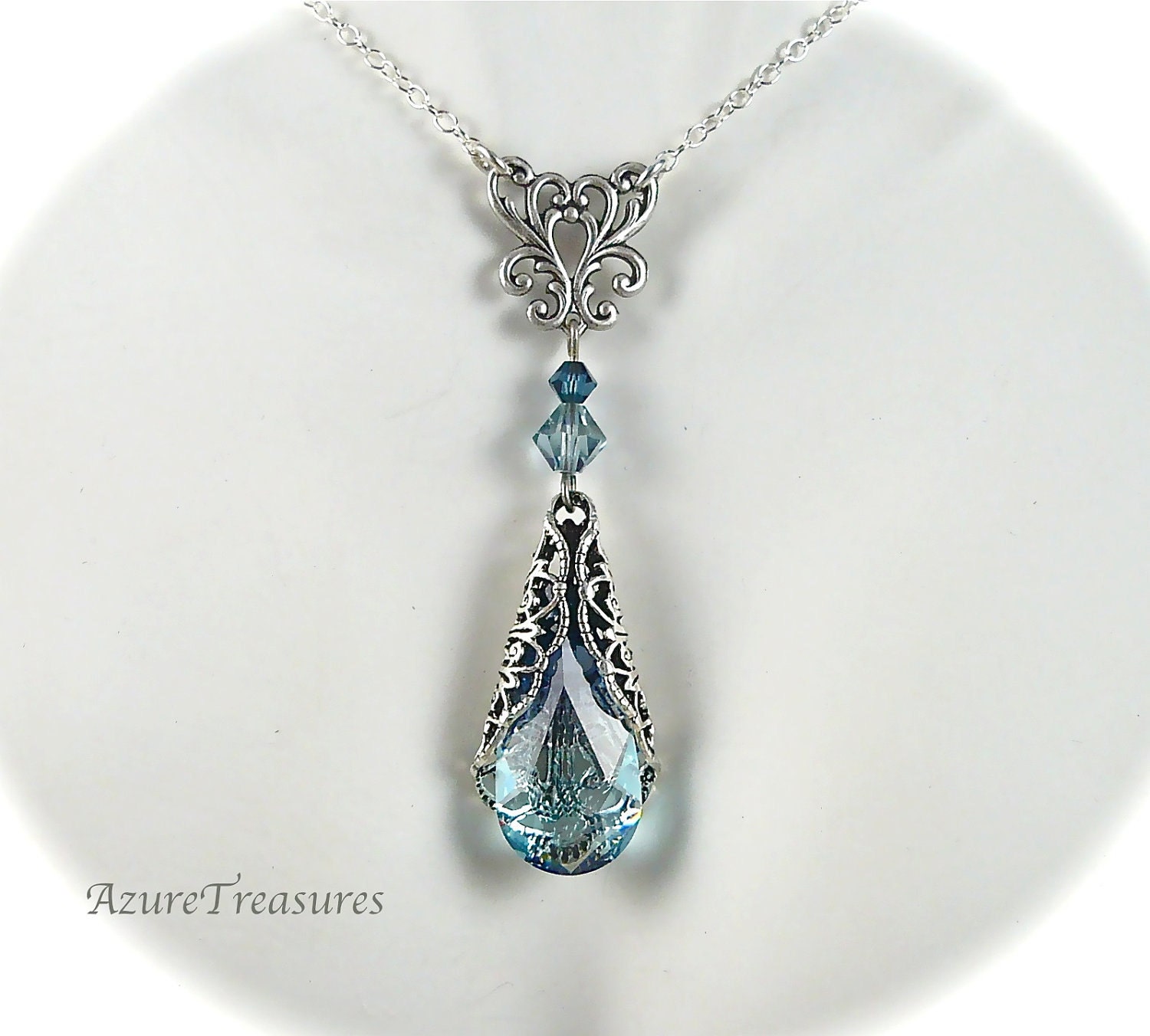 Ocean Blue Crystal Necklace, Victorian Swarovski Blue Necklace, Filigree Teardrop Pendant, Sterling Silver Beach Wedding Bridal Jewelry