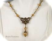 Wedding Jewelry Set, GOLD Pearl, Golden Champagne Crystal Necklace Earrings Victorian Vintage Style Bridal Set