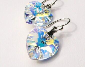 Clear AB Crystal Heart Earrings, Aurora Borealis Heart Earrings, Sterling Silver