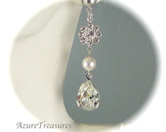 Clear Crystal Rhinestone Earrings with Pearls, Flower, Pear Cut, Long, Post Studs, Sterling Silver Bridal Wedding Jewelry