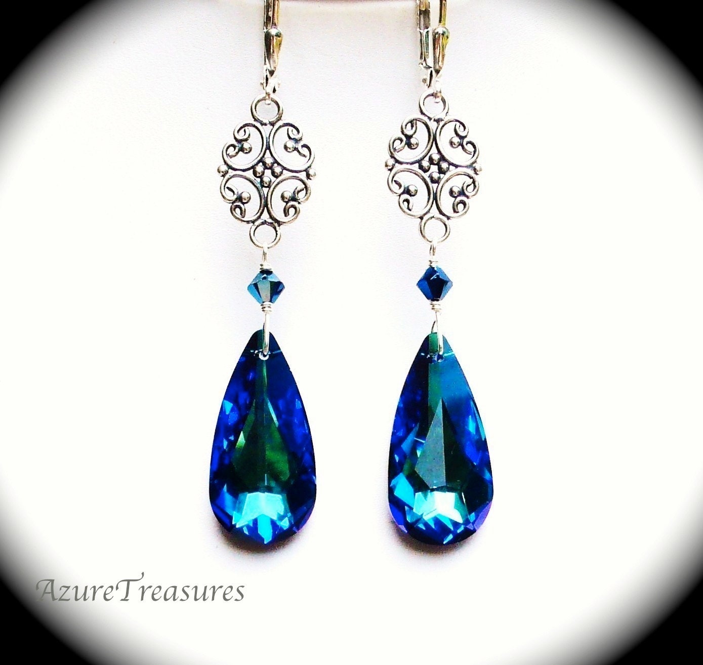 Peacock Blue Earrings, Swarovski Bermuda Blue Crystal Earrings, Vintage Style, Long, Sterling Silver, Bridal Wedding Bridesmaids Jewelry