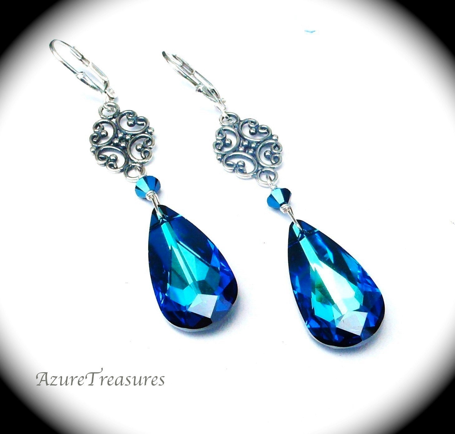 Peacock Blue Earrings, Swarovski Bermuda Blue Crystal Earrings, Vintage Style, Long, Sterling Silver, Bridal Wedding Bridesmaids Jewelry