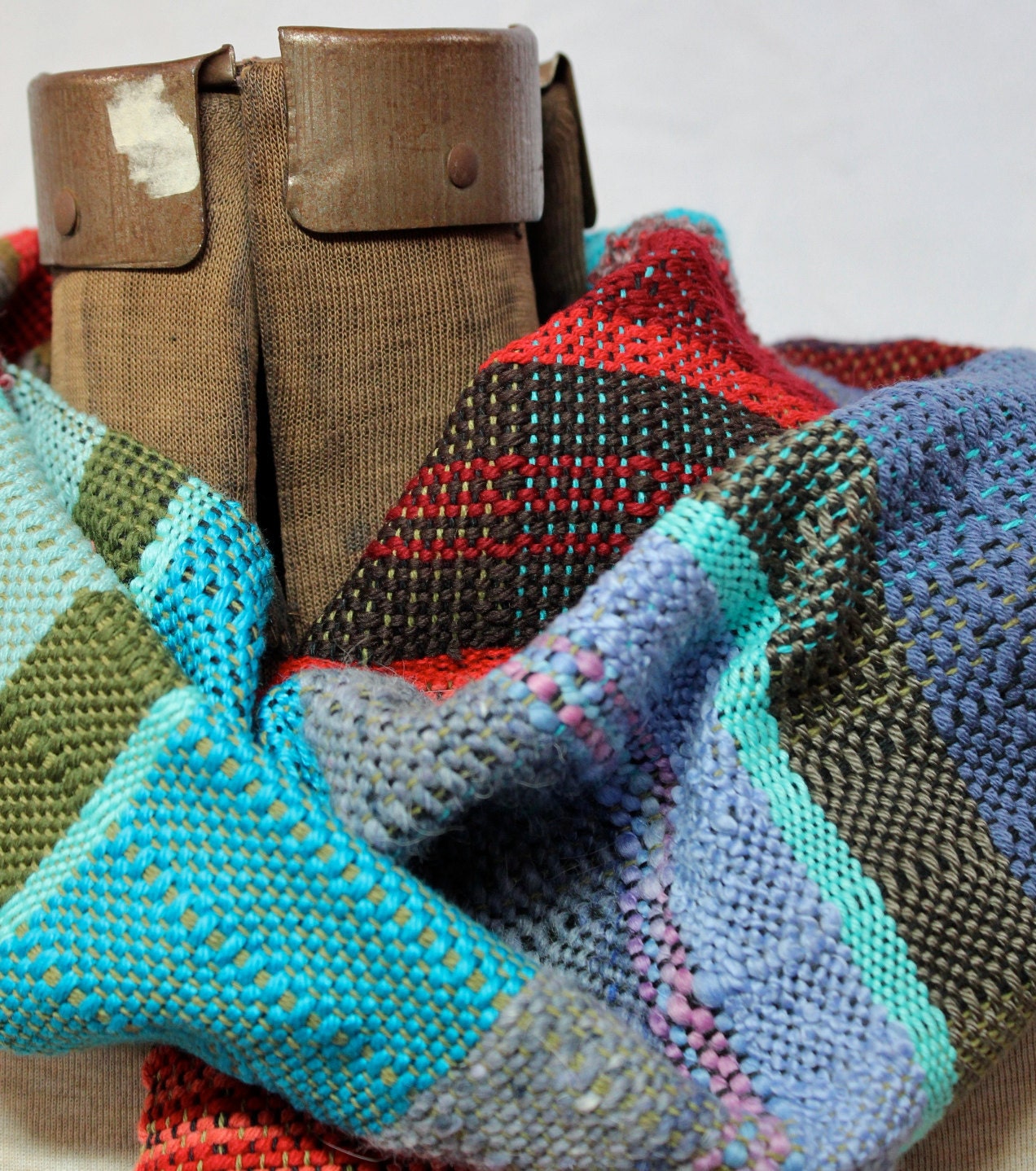 Maria- Handwoven Red, Aqua and Eggplant Scarf. Bold Gradient Scarf.