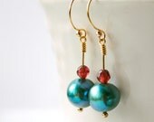 Earrings. Green Pearl. Gold Filled. Garnet. Teal. Vasilisa