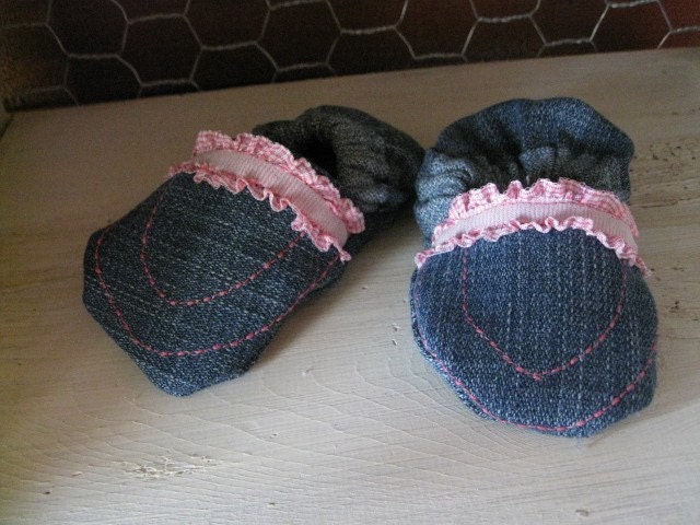 Upcycled denim crib shoes with pink and white ruffles, size 0-9 months