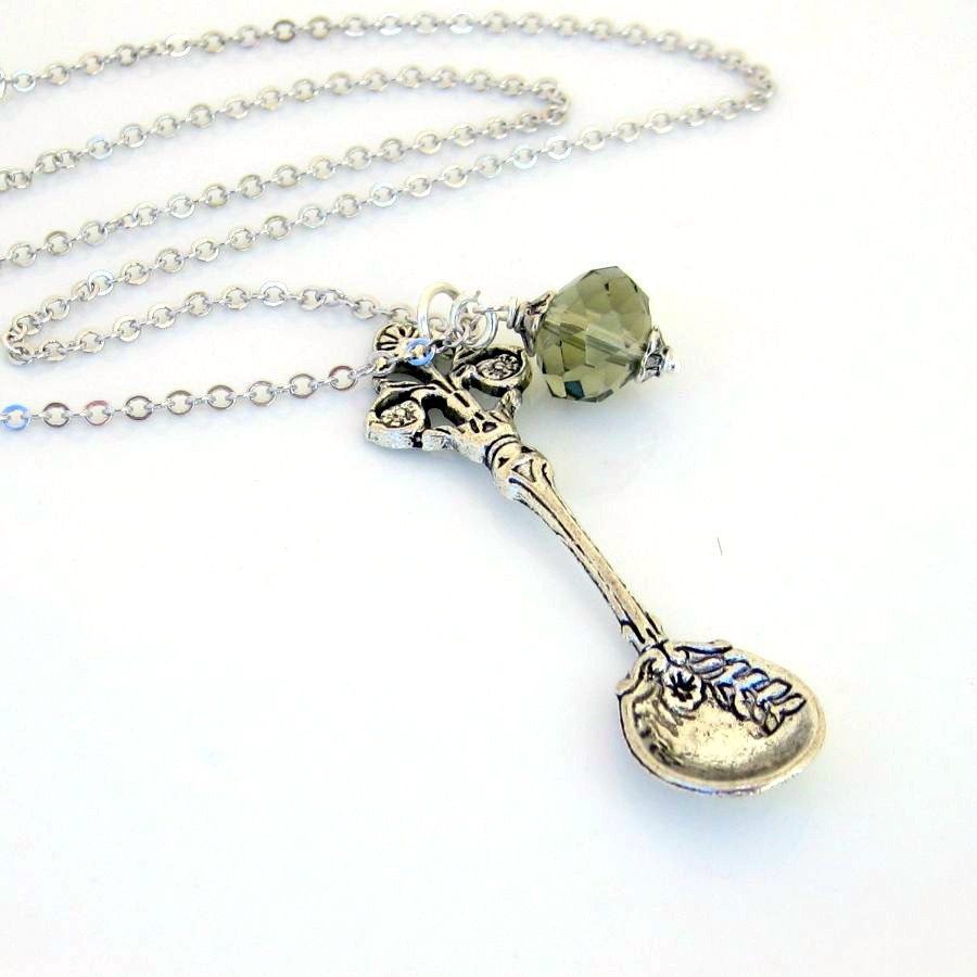 Antique Spoon Necklace, Vintage Style, Black Diamond Crystal