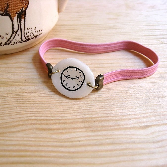 PINK Fake watch with elastic watchband. One-of-a-kind handmade Porcelain bracelet. Toy clock.