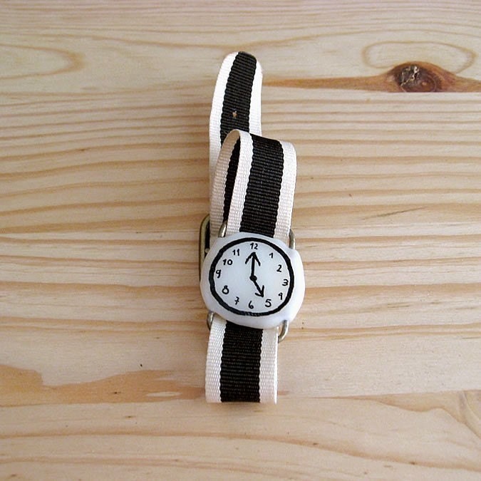 Fake watch bracelet. One-of-a-kind handmade Porcelain toy clock with B/W striped watchband.