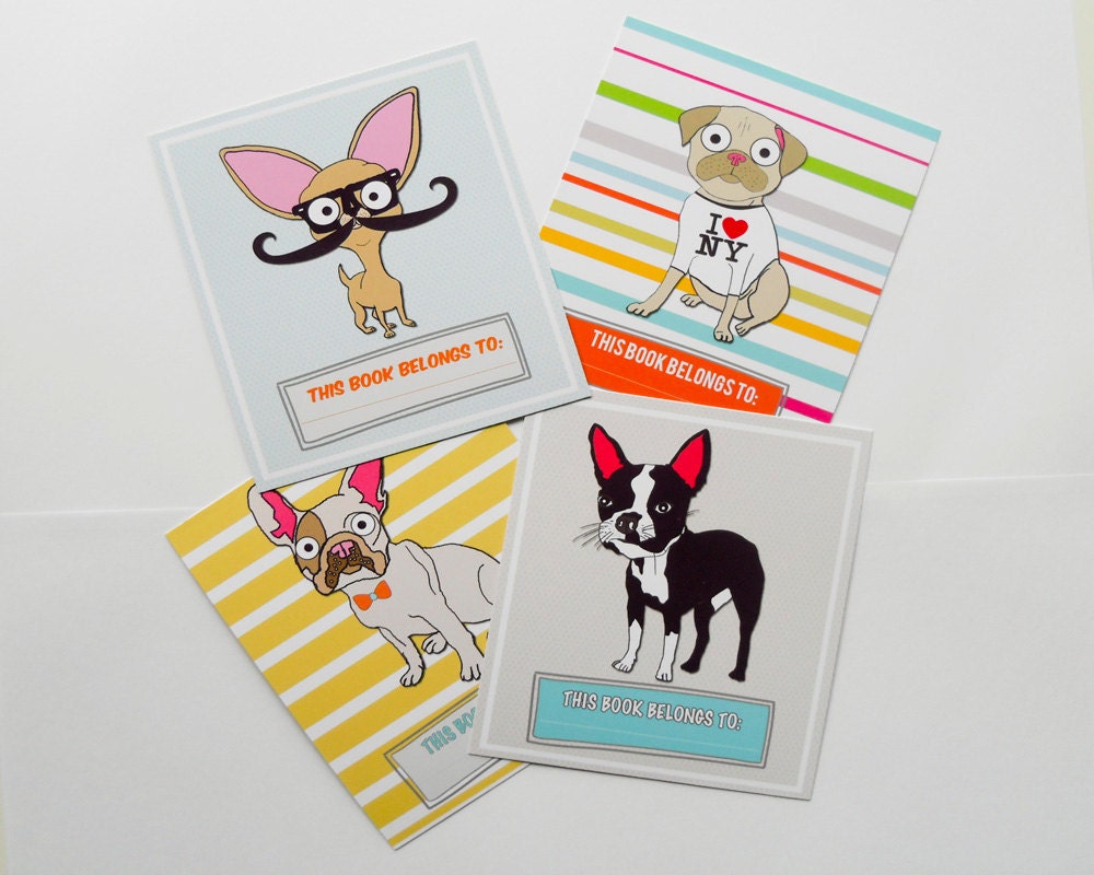 Chihuahua Bookplates Labels With Boston Terrier, Pug & French Bulldog