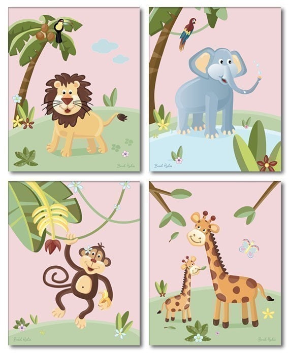 Set of 4 Pink Jungle Animals Nursery Wall Art Prints for Girls