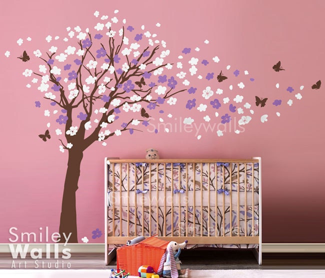 Flower Tree and Butterflies in the Wind Wall Decal- EXTRA LARGE SIZE Nursery Kids Vinyl Wall Decal Art