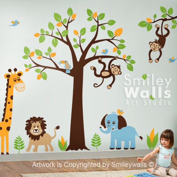Safari Jungle Animals Monkey Giraffe Elephant Lion HUGE Wall Decal Tree Set  - Nursery Kids Playroom Room Decor Vinyl Wall Decal Sticker Art