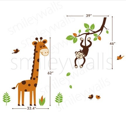 Children Kids Wall Decal Wall Art Sticker tree decal - Jungle Monkey swinging from Branch and Cute Giraffe Wall Decal