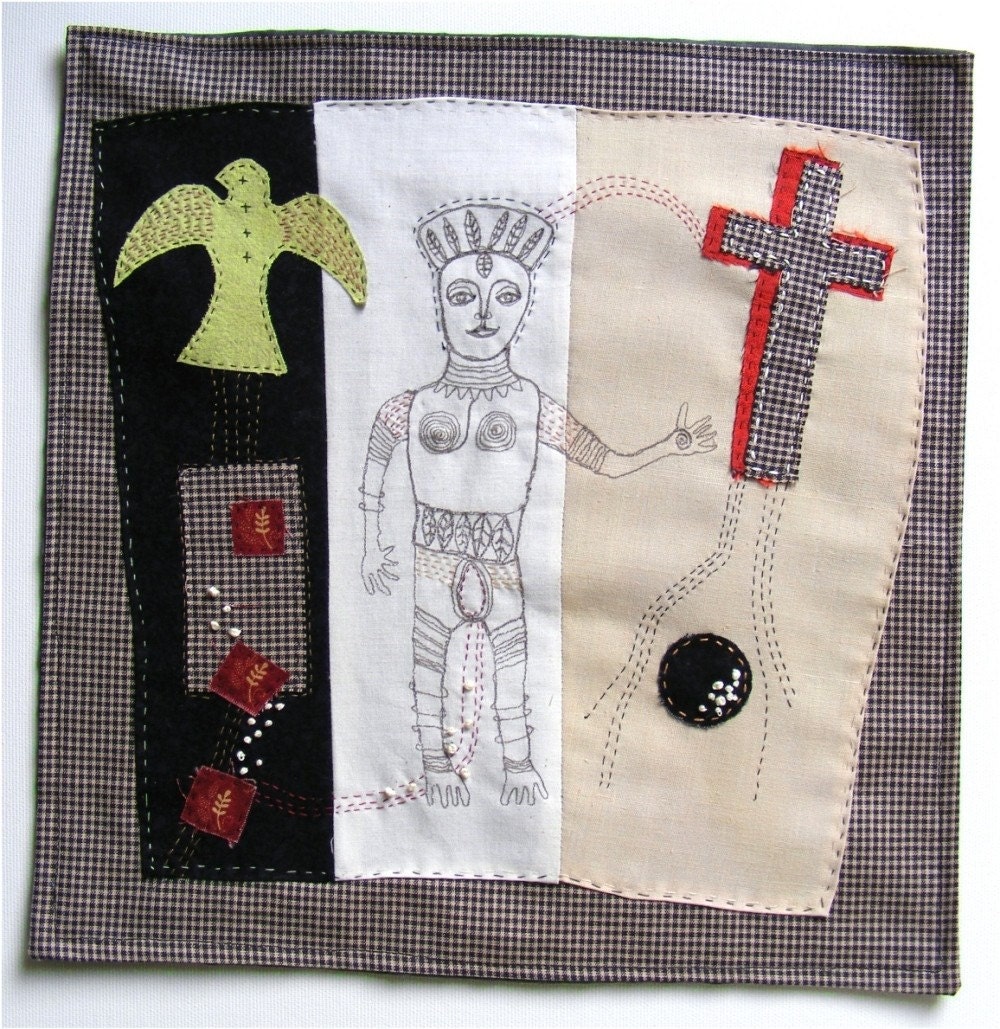 Handmade embroidery textile wall hanging - Two Paths - upcycled and new fabrics