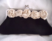 Black and Ivory silk dupioni rosette clutch --  Maid of Honor Clutch -- Flower Clutch -- Bridal Clutch -- the Juliet