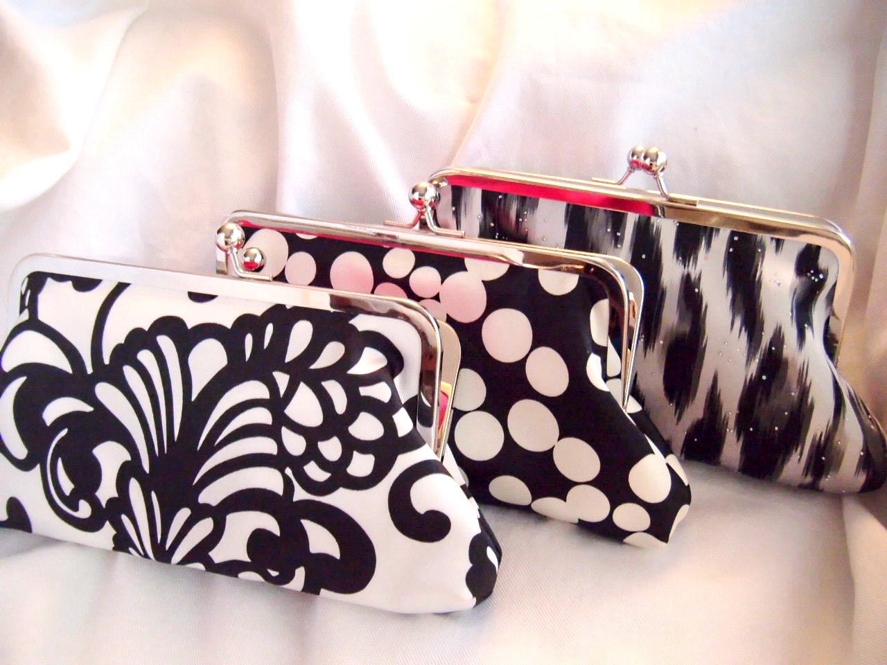 Satin wedding party clutches in PICK YOUR PRINT black and white and black and ivory - perfect bridesmaids gift -- the Camden Clutch