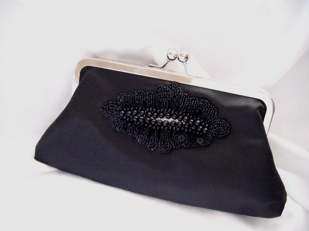 Black satin faced taffeta clutch with applique -- best special occasion clutch for a night out -- the Glamden - Glamourous clutch - prom