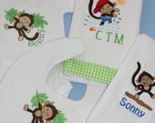 Monkey Burp Cloth, Bib and Onesie Set - Embroidered and Monogrammed