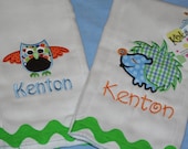 Owl and Hedgehog Set of 2 Appliqued Burp Cloths with Monogram