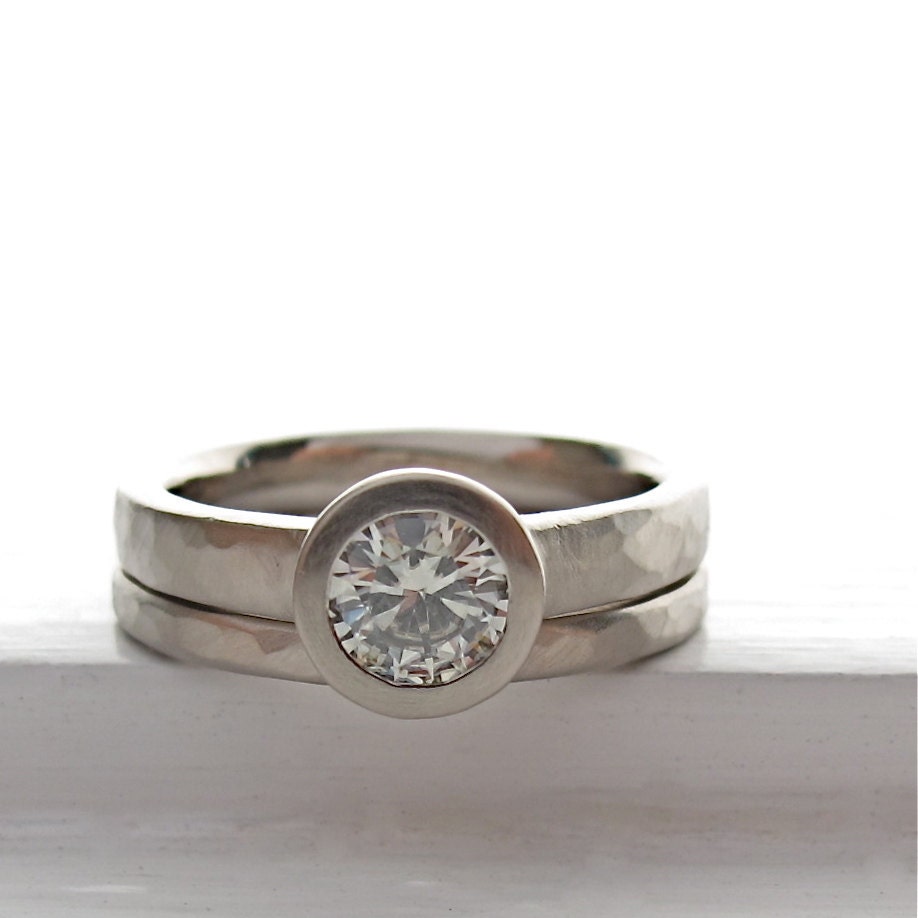 Pebble Ring Squared engagement ring and wedding band set Moissanite and white gold