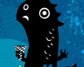 Bluzilla Blue Bad Day Monster mini art print