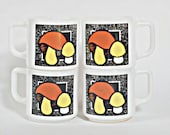 Vintage Kitchenware - 1970s Milk Glass Mushroom Mugs - Set of 4