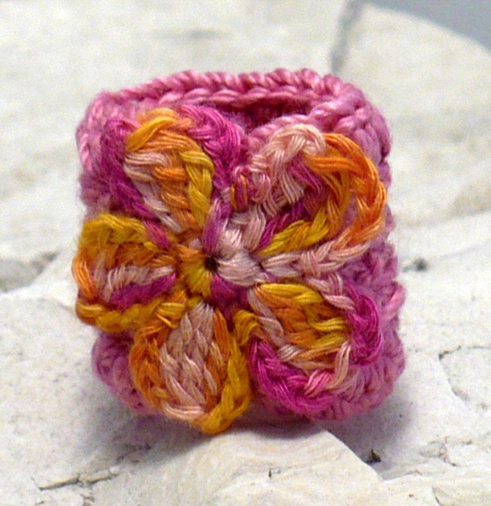Crochet Ring Fiber Ring  Crocheted Ring Flower Applique Yellow Pink Orange on Dark Pink Band