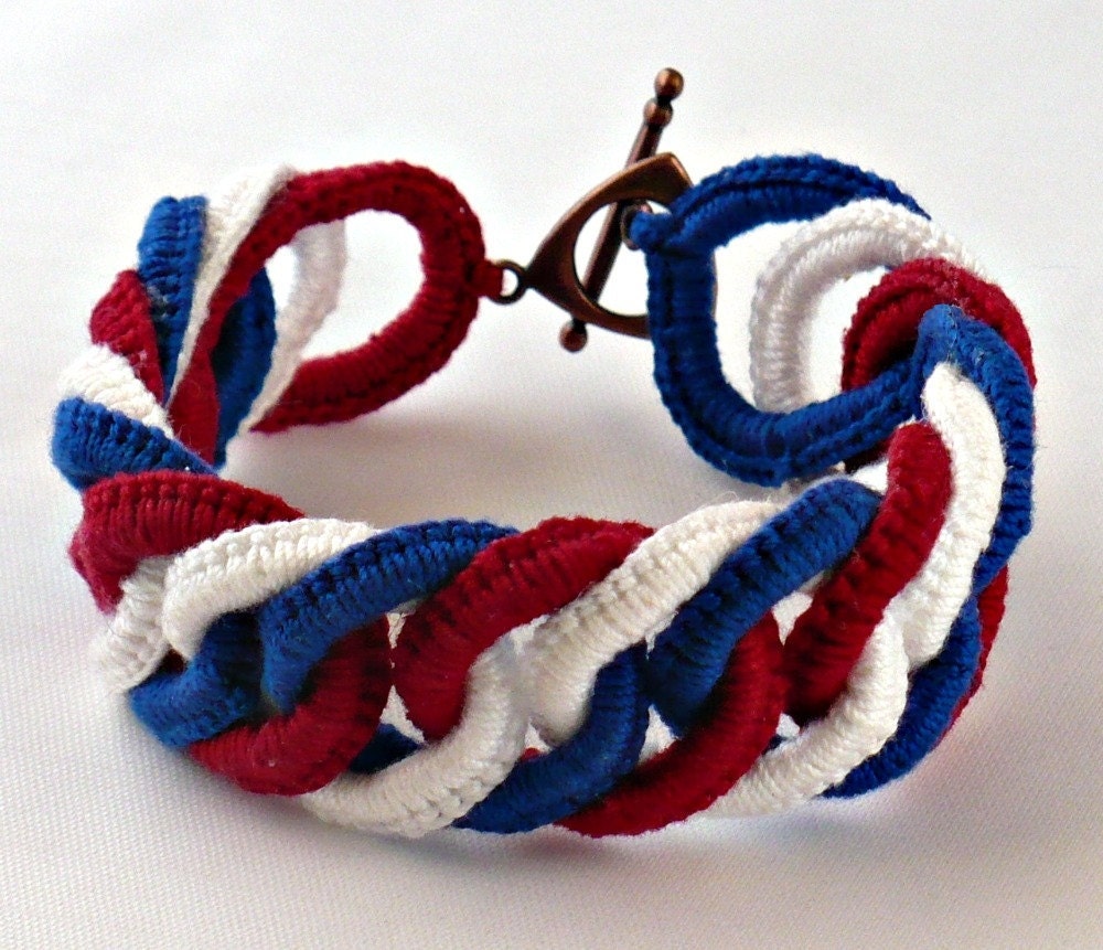 Irish Crochet Bracelet Fiber Bracelet Chainmail Patriotic Red White Blue