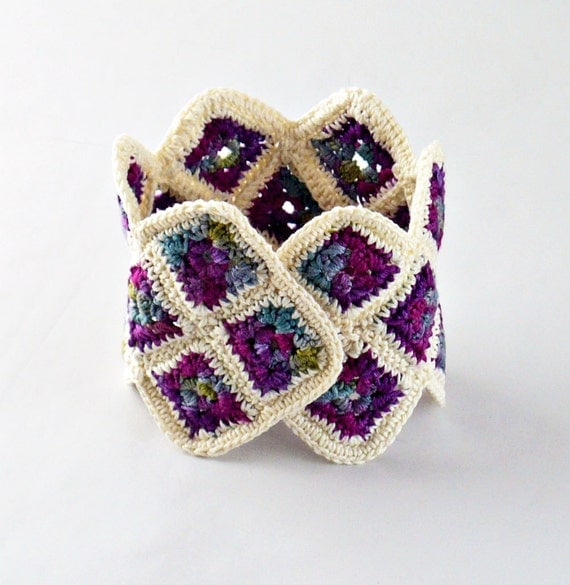 Crochet Granny Square Cuff Bracelet Blueberry Purple Indigo Ecru