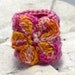 Crochet Ring Fiber Ring Crocheted Ring Flower Applique Yellow Pink Orange on Dark Pink Band