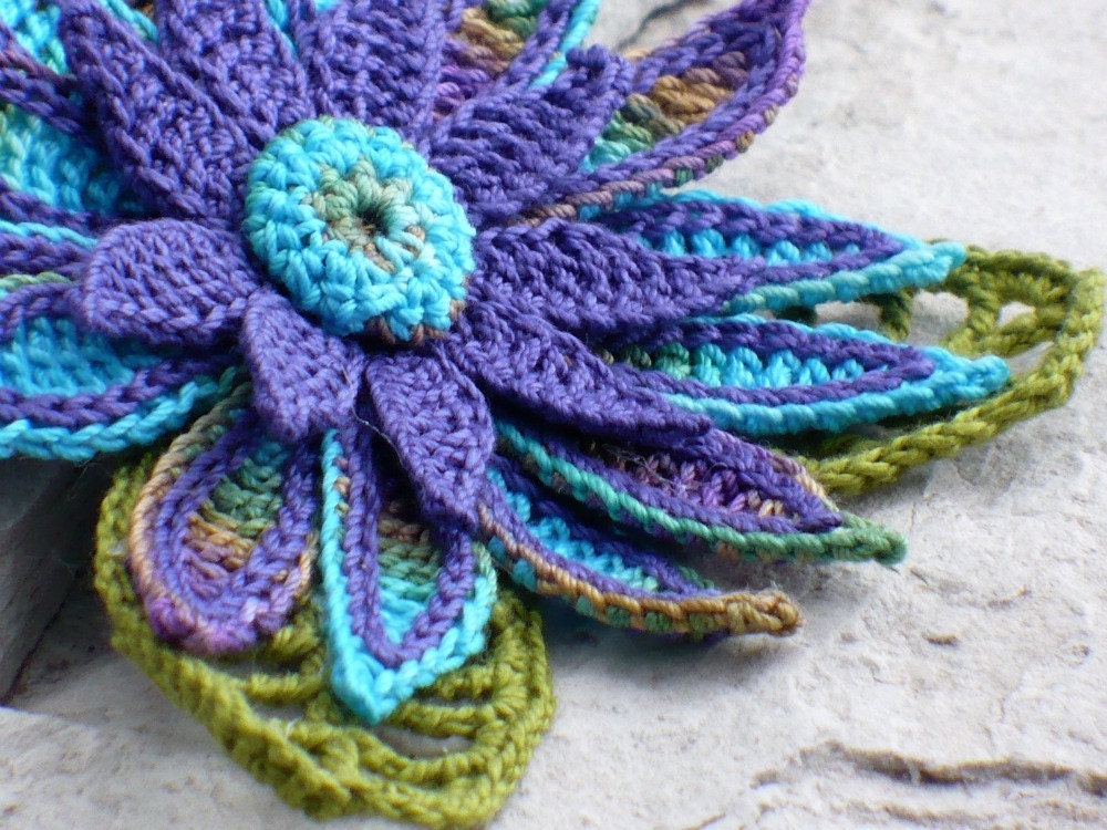 Crochet Brooch Fiber Brooch Irish Crochet Pin Daisy Peacock Purple Blue Olive Teal