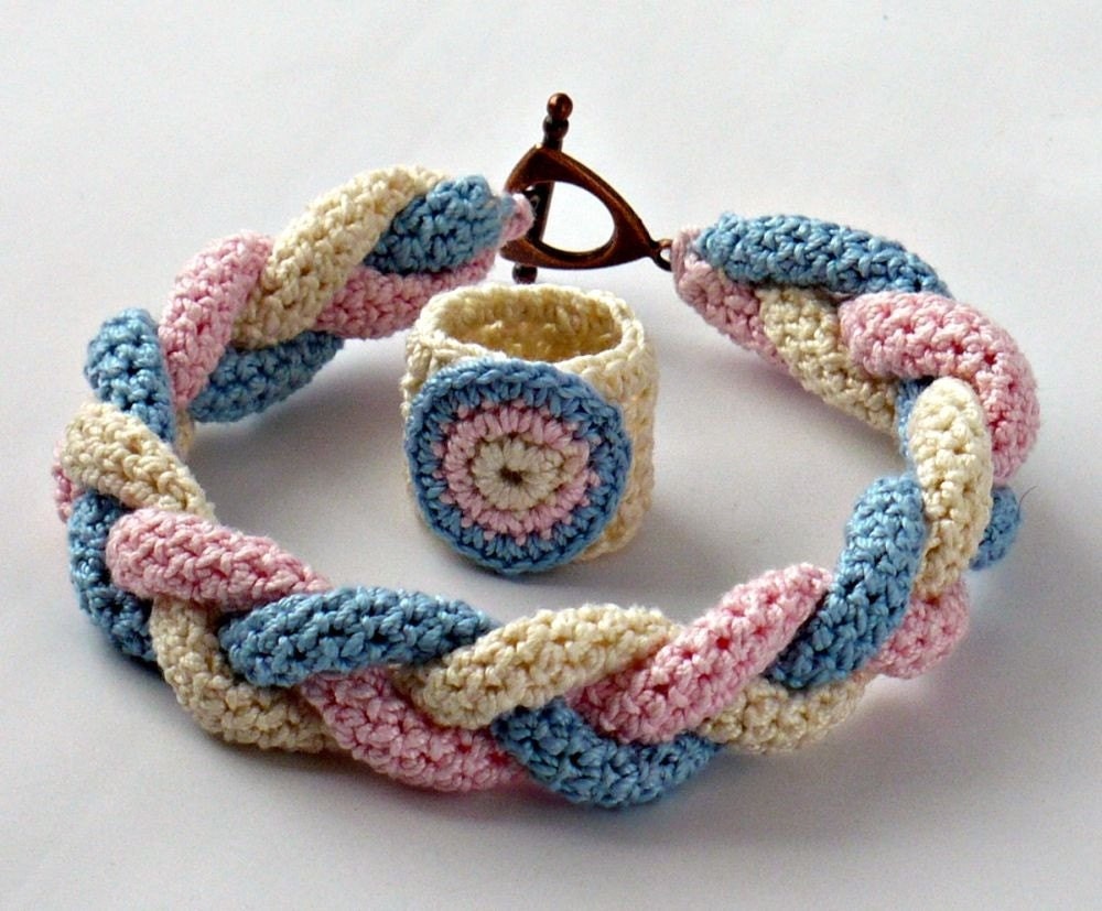 Crochet Bracelet Fiber Bracelet and Ring Braided Icord Pink Blue Ecru