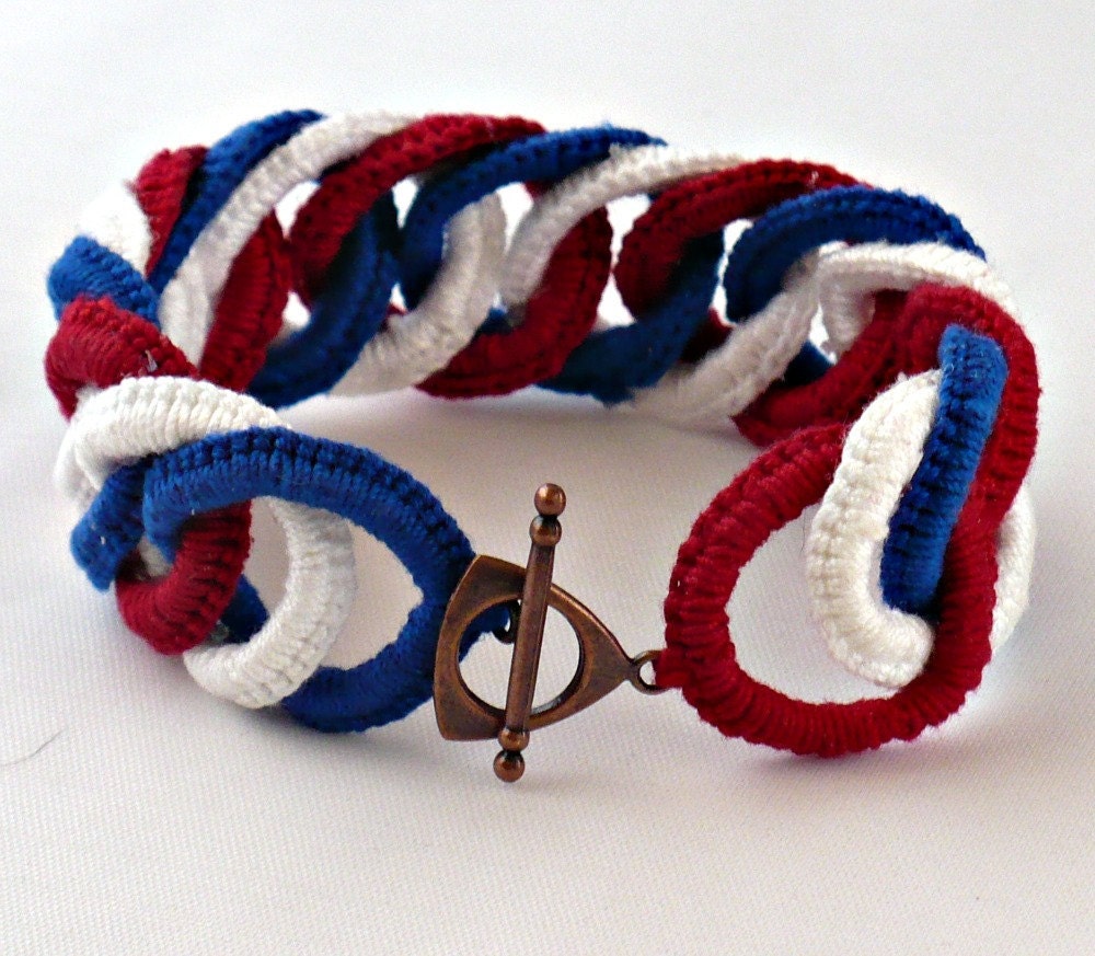 Irish Crochet Bracelet Fiber Bracelet Chainmail Patriotic Red White Blue