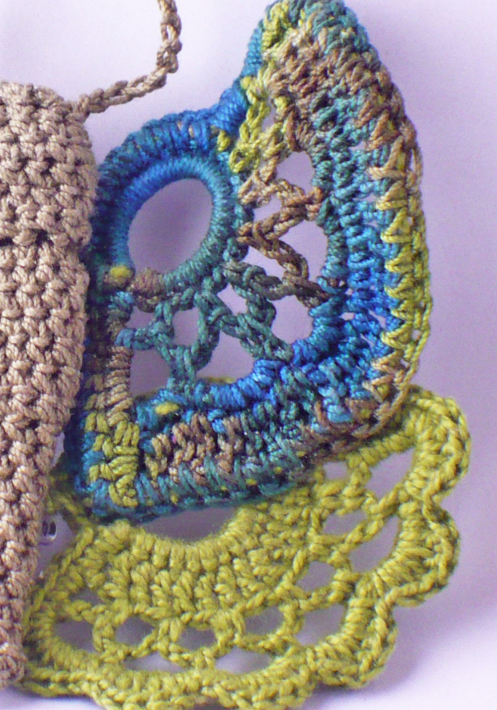 Crochet Brooch Fiber Brooch Irish Crochet Butterfly Pin Olive Chartreuse Green Dark Teal