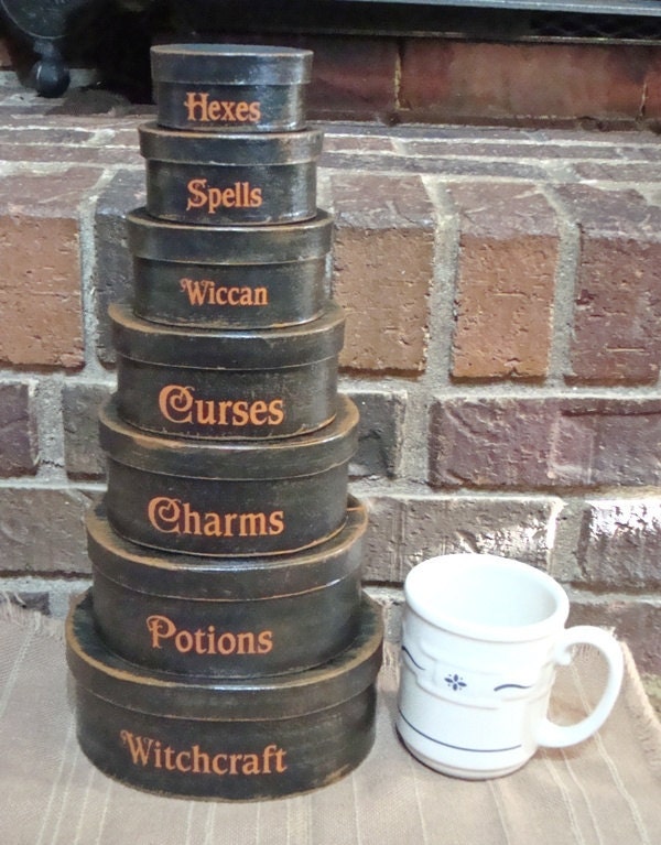 Primitive Halloween Oval 7 Pc. Shaker boxes Witchcraft, Spells, Wiccan, Curses Hp Black