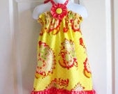 Girls Ruffled Halter Dress with Button Flower Clip 12 mos to size 8 - Paisley in Yellow or Blue - Pop Garden collection