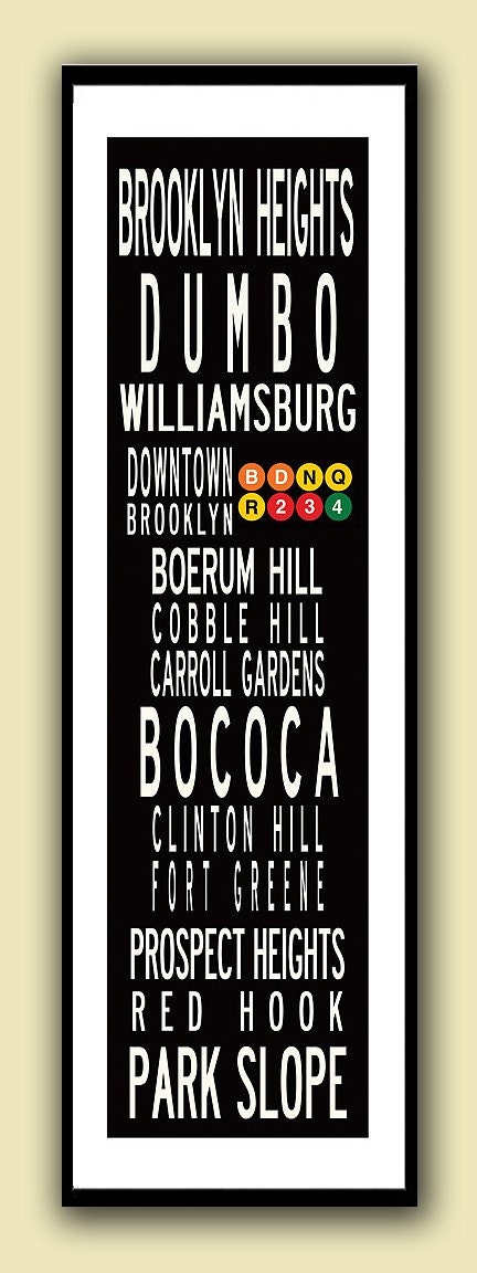 12x36  Poster Print with or without white border, Brooklyn Neighborhoods or City of your choice