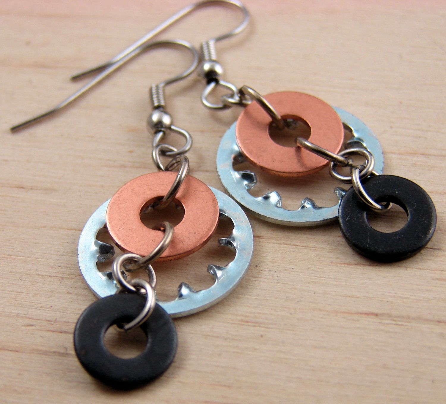 Steampunk Dangle Earrings Mixed Metal Hardware Jewelry Industrial Lock Washer Copper and Black Washer Hardware