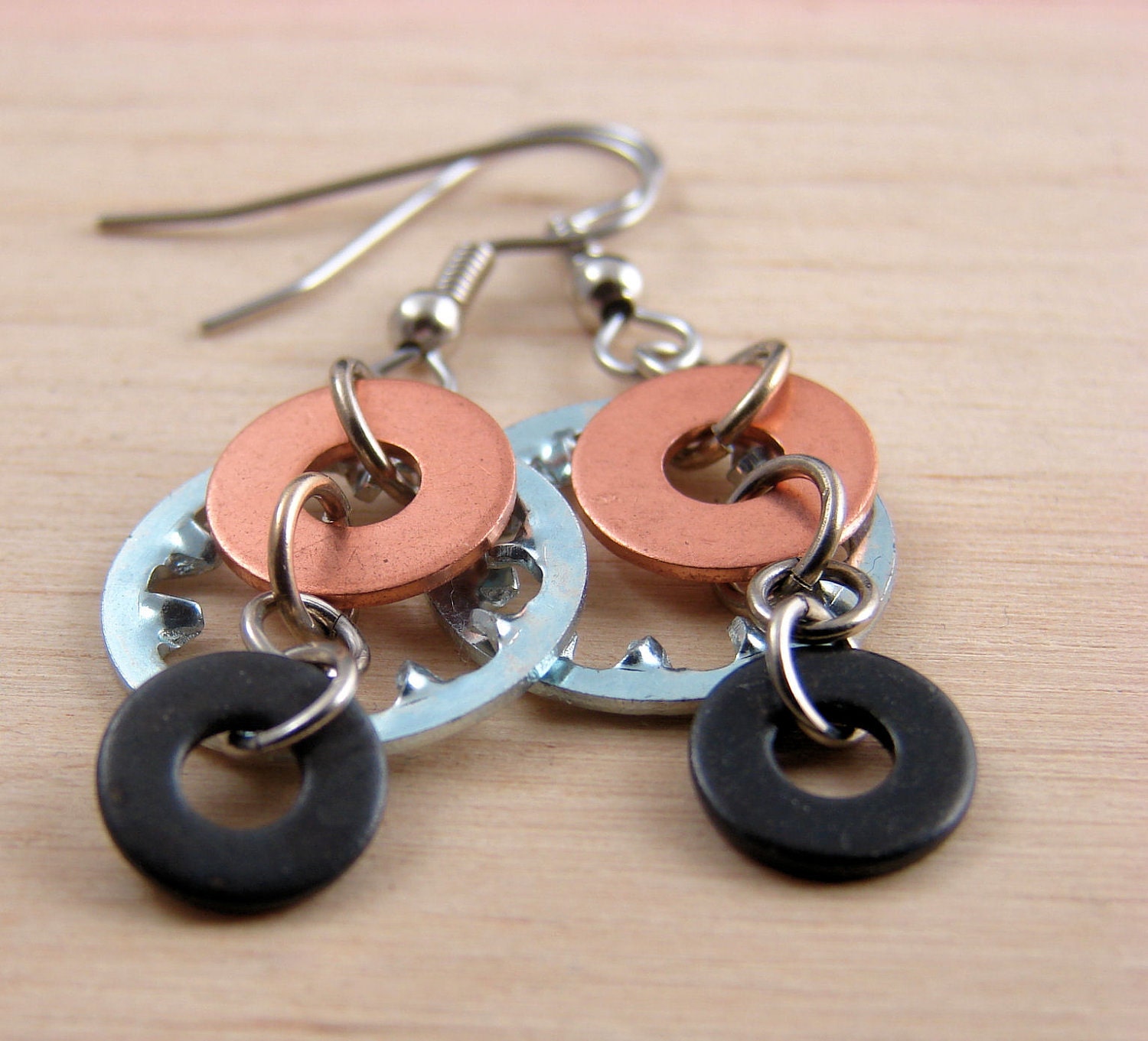 Steampunk Dangle Earrings Mixed Metal Hardware Jewelry Industrial Lock Washer Copper and Black Washer Hardware