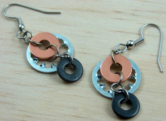 Steampunk Dangle Earrings Mixed Metal Hardware Jewelry Industrial Lock Washer Copper and Black Washer Hardware