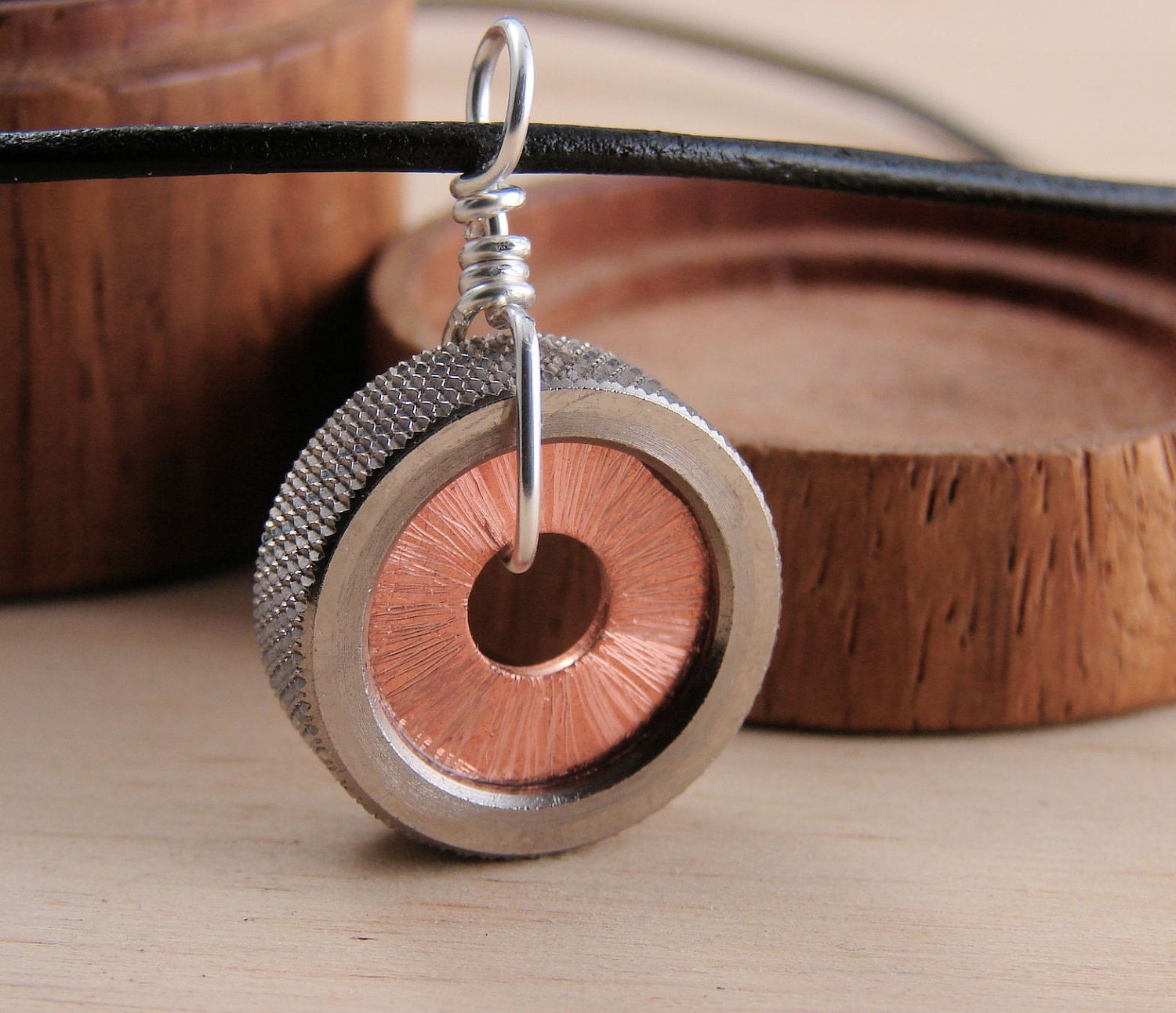 Copper Statement Necklace Pendant Hardware Jewlery Industrial Washers on Leather Cord