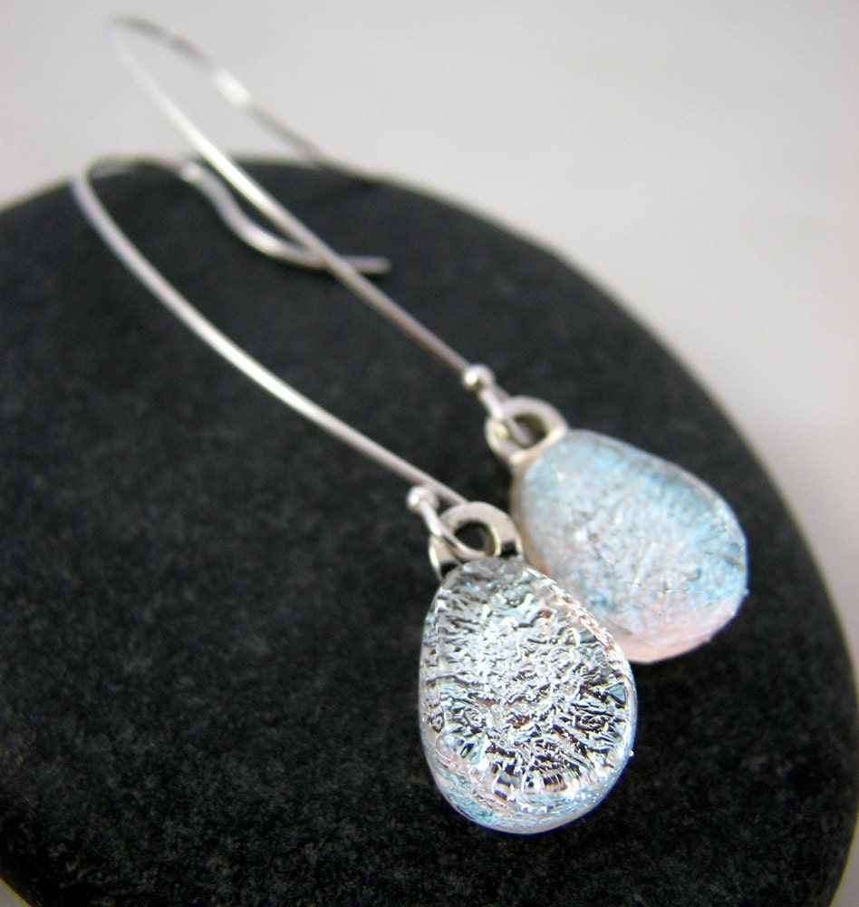 Long Earrings - Dichroic Fused Glass - Silver Frost Diamond Teardrops - Ready to Ship