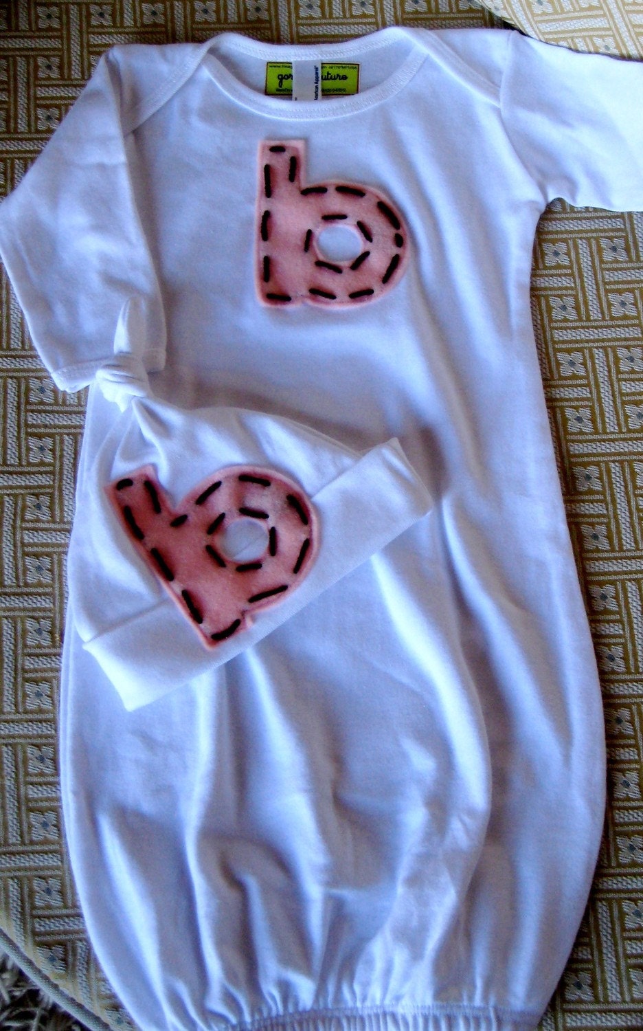 baby infant gown and hat GIFT SET.  super cute with initial letter. both with letter.  0/3/6 months