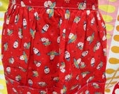 Vintage Apron-Bright Red 1950s Half Apron with Egg Head People Design