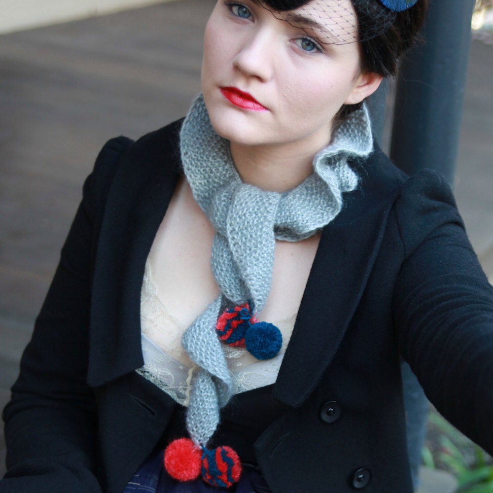 Columbine Pom-Pom Scarf - Grey with Teal and Coral