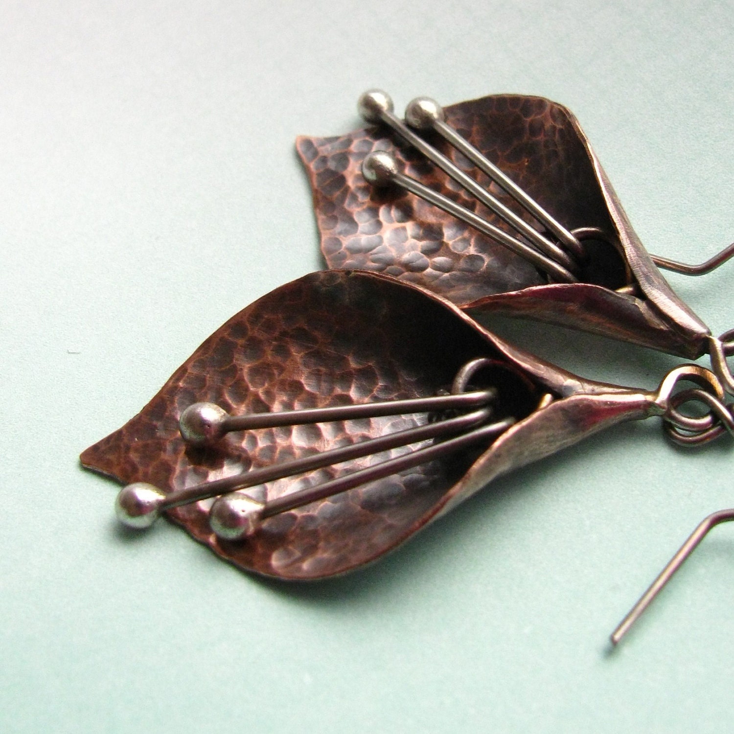 Artisan Metalwork Jewery - Mixed Metal Lily Flower Copper Earrings With Sterling Silver