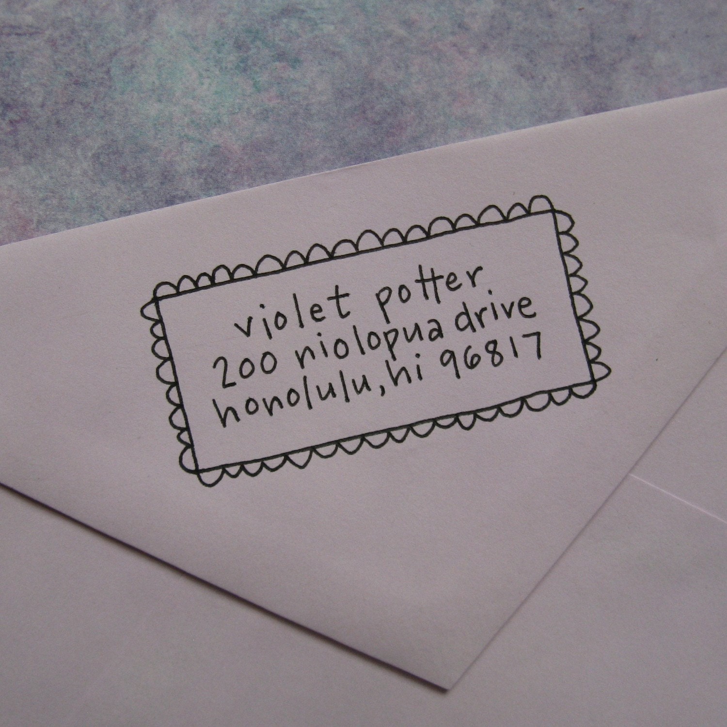Violet Handwritten Address Stamp: your choice of self-inking or red rubber